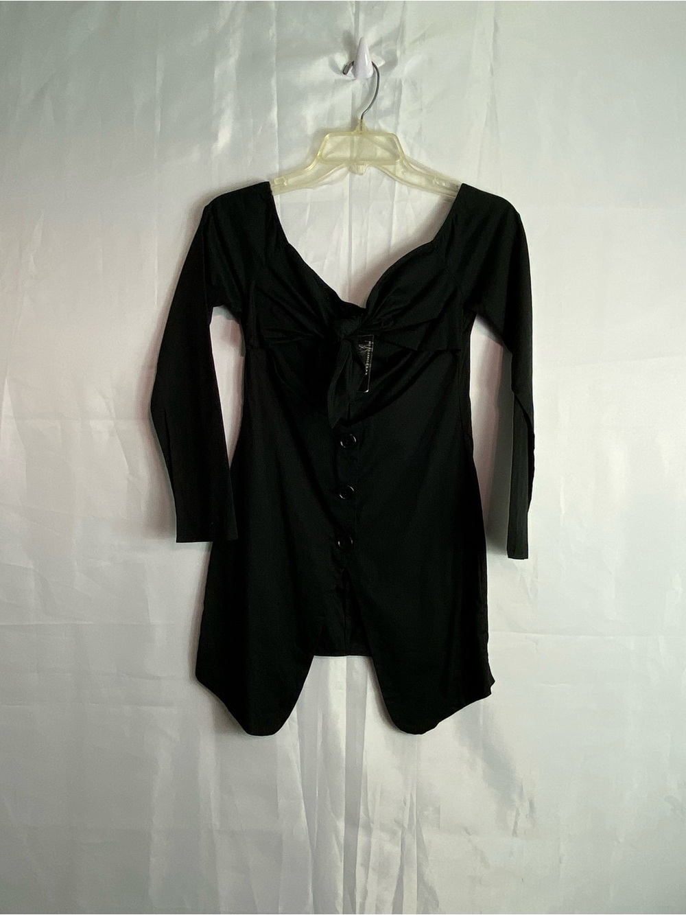 Posh Black Long-Sleeve Knot-Front Button Dress